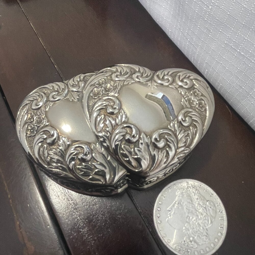 silver plated double heart shaped trinket box